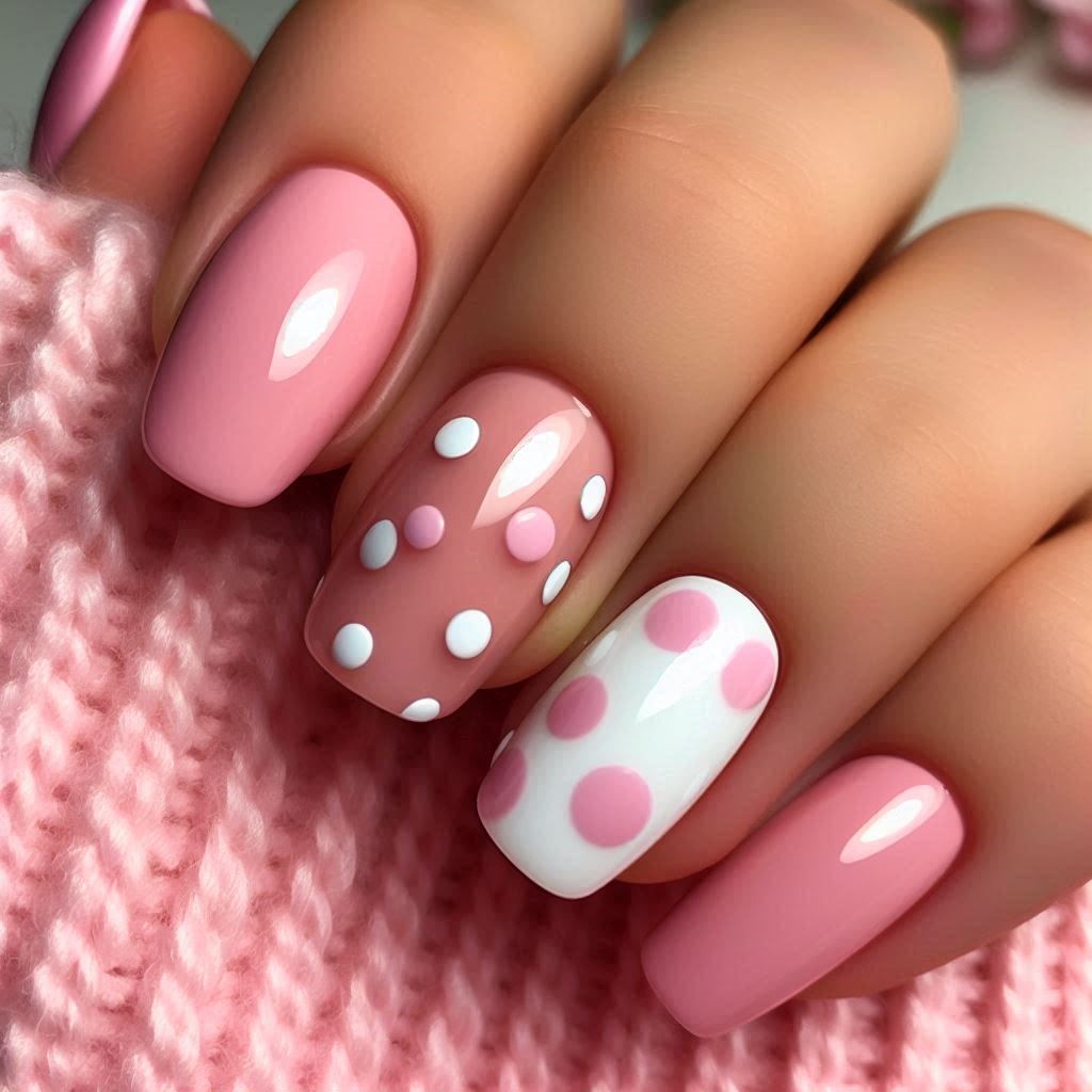 Pink and White Polka Dot Nails