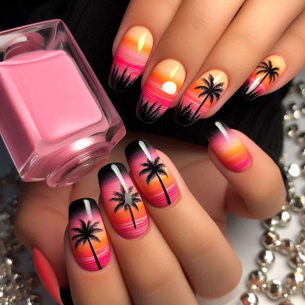 Palm Tree Sunset Nails