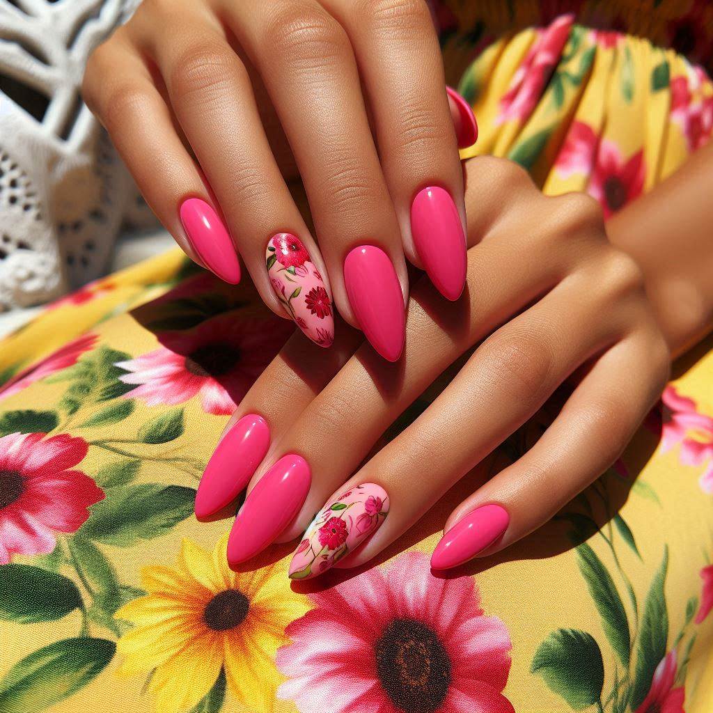 Hot Pink Almond Nails