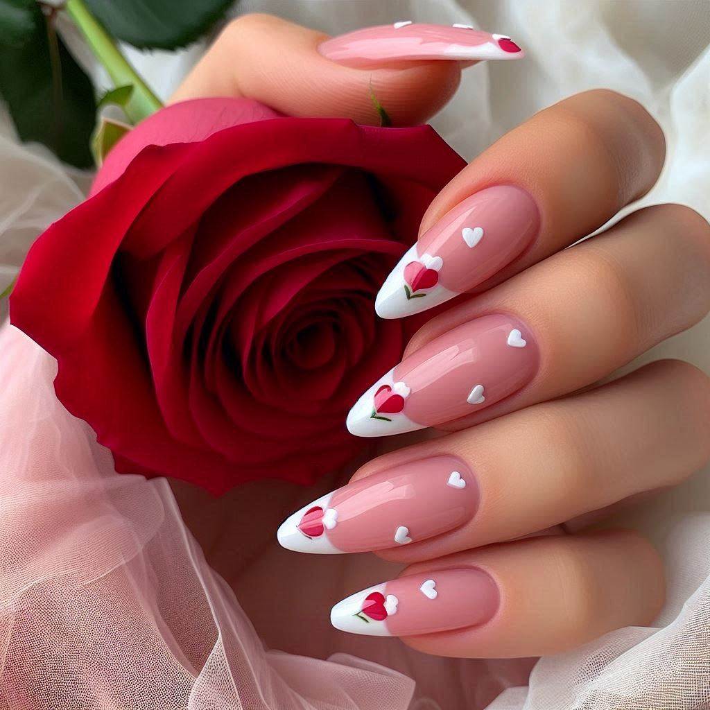 Sweet and Romantic French Tip Nails Pink Heart