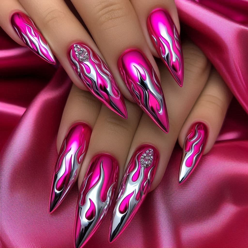 Hot Pink Chrome with 3D Flame Art