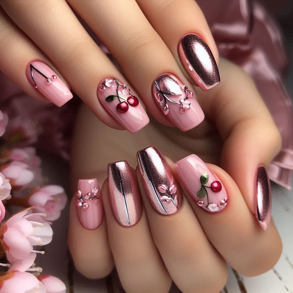 Soft Pink Cherry Nails with Silver Foil