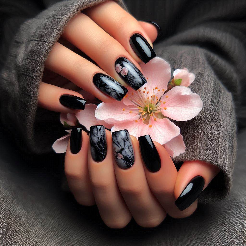  Black Marble Square Nails