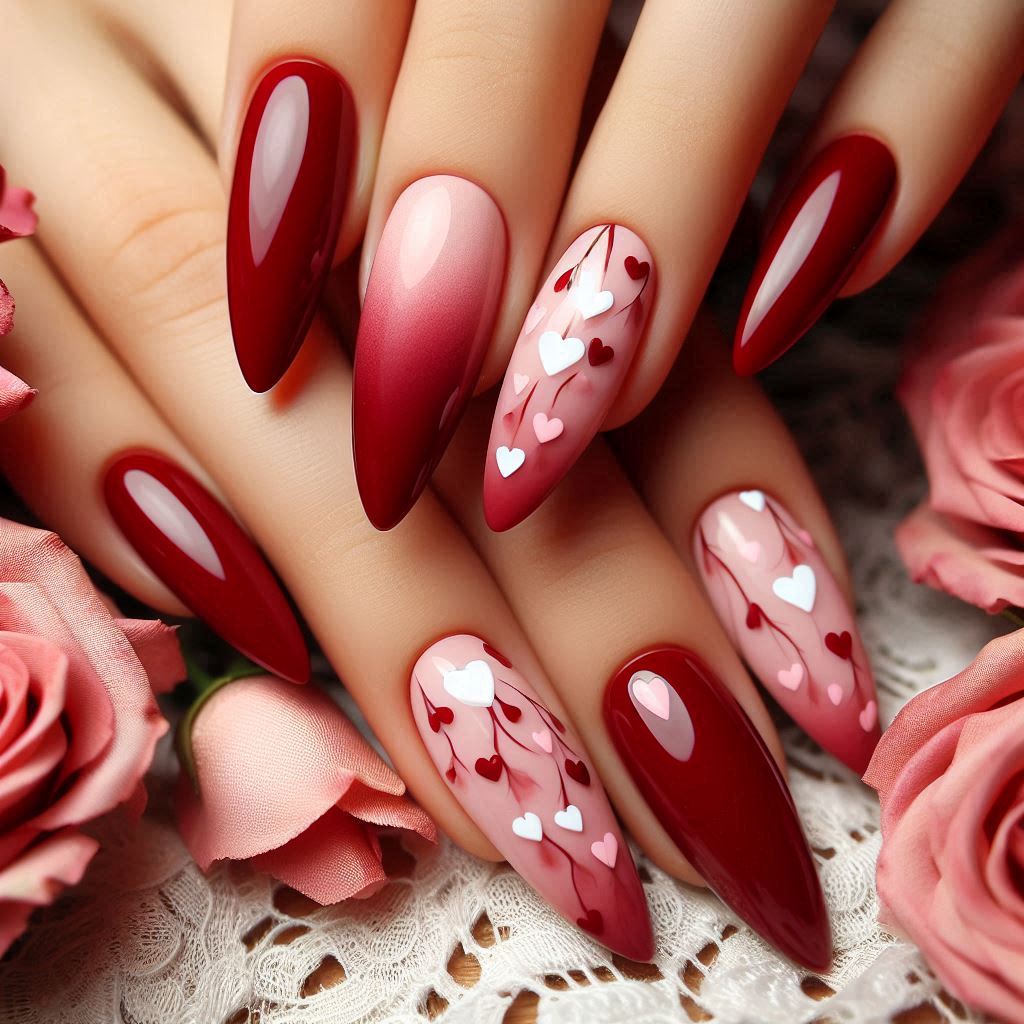 Romantic Almond Nails Red with Heart Accents