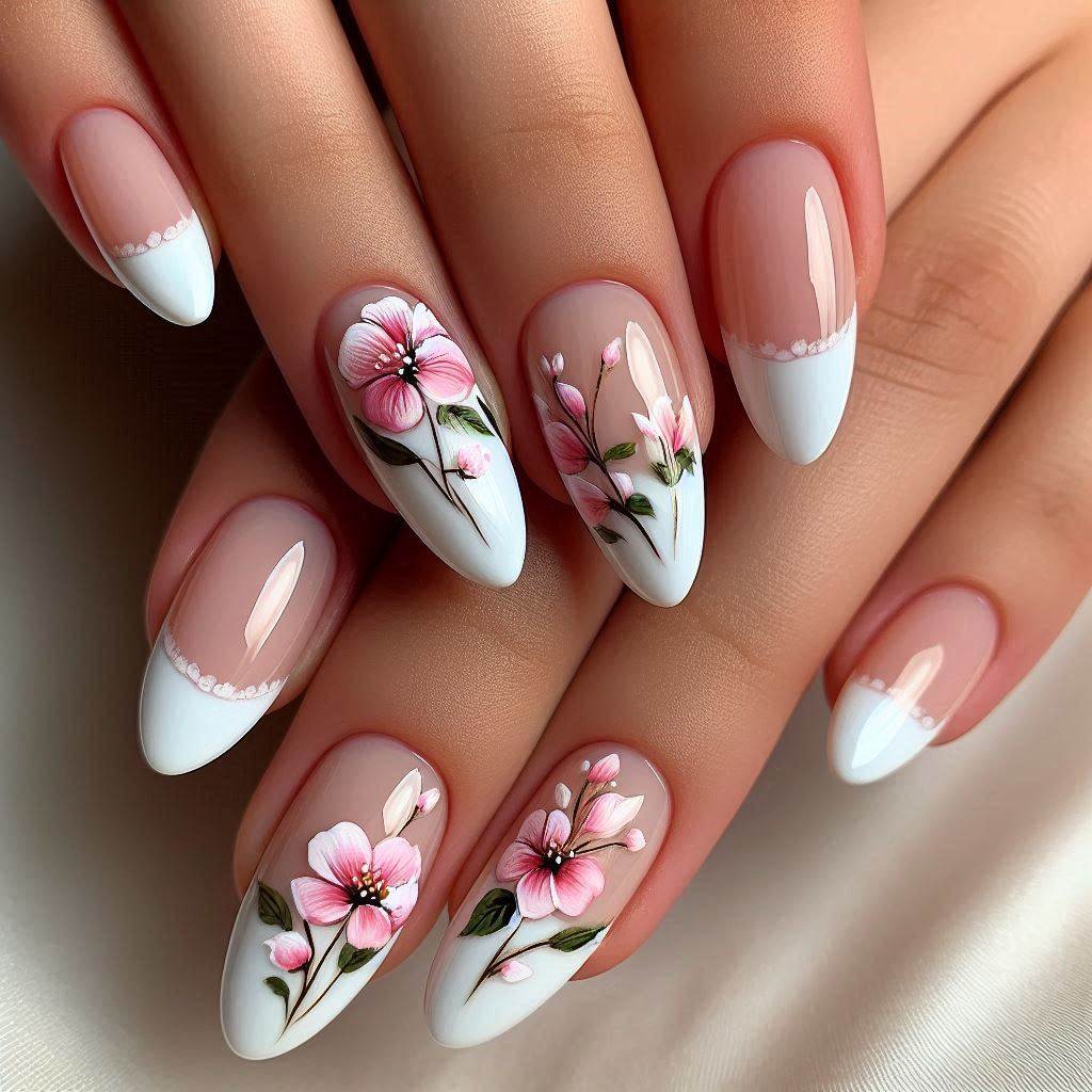 French Almond Nails with Tiny Flowers