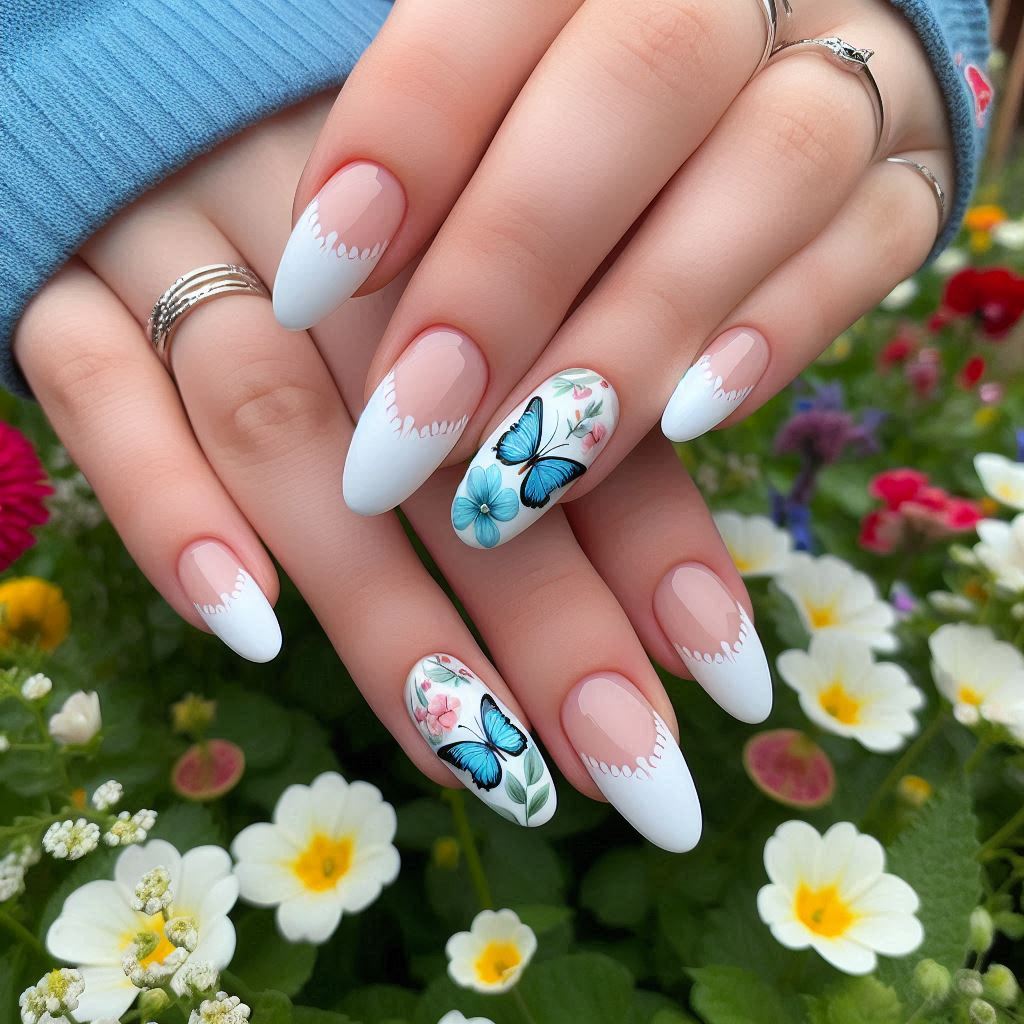 Short French Tip Nails with Butterfly Art