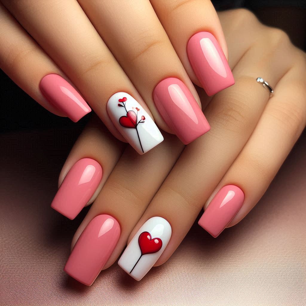 Simple love heart accent on pink square nails
