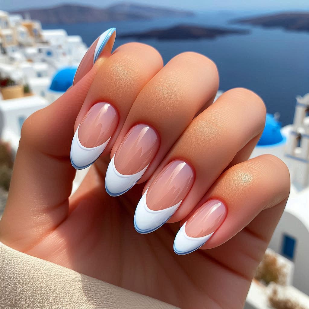 Elegant White French Tips with a Soft Baby Blue Outline