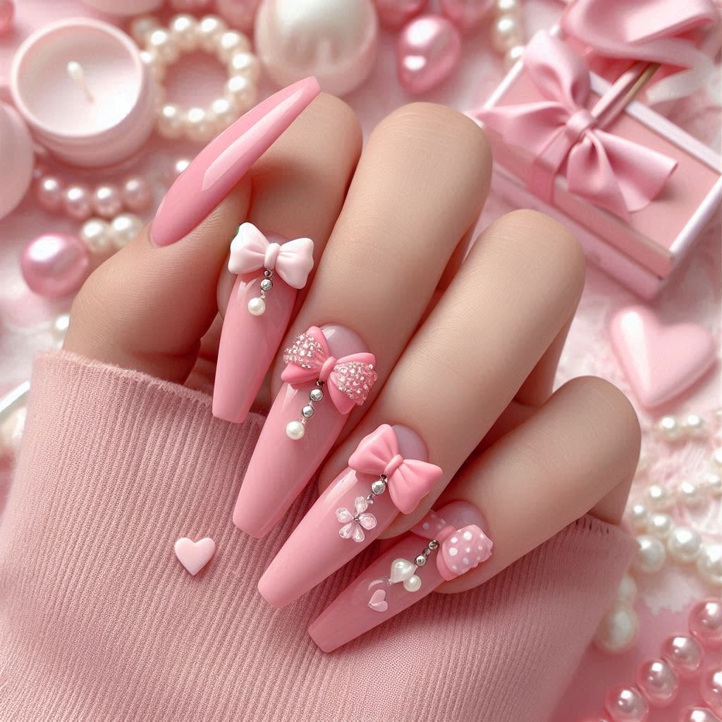 Cute Pink Nails with 3D Bows