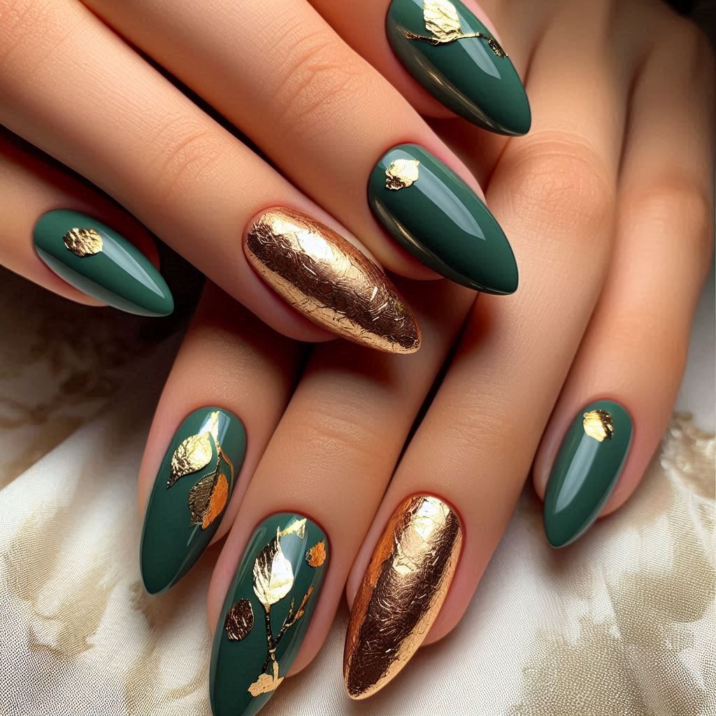  Green Almond Nails with Gold Foil 