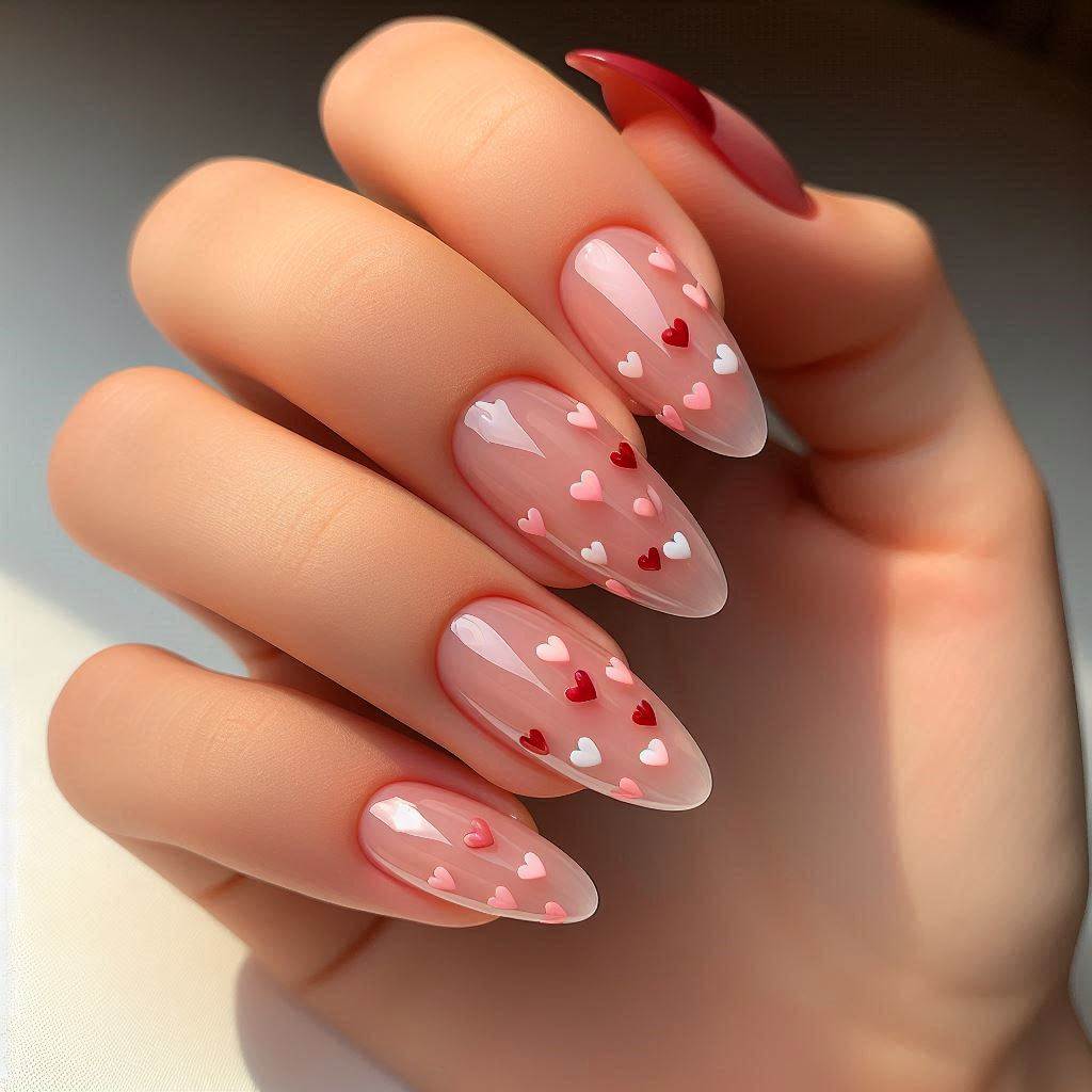 Short Acrylic Nails Almond with Cute Heart Accents