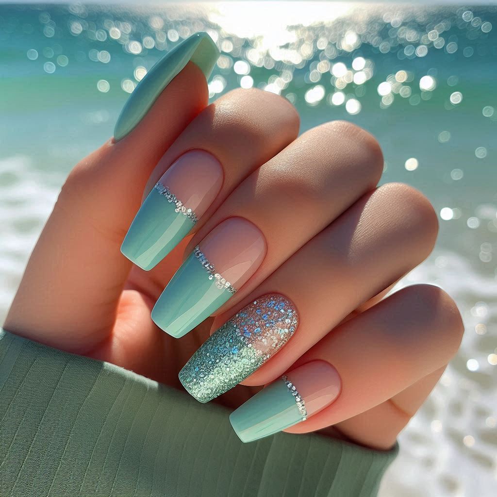 Cool Mint Green French Tips with a Touch of Silver Glitter