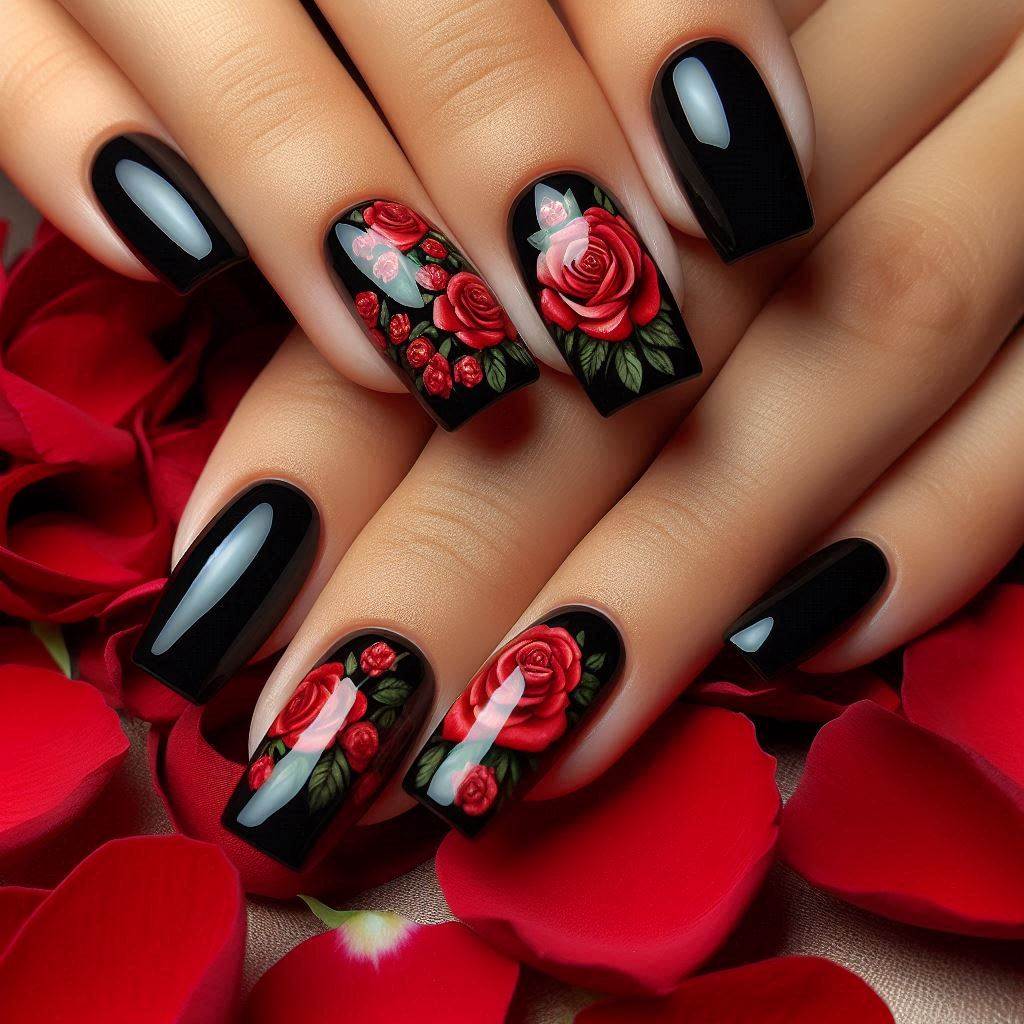  Glossy Black with Red Roses 