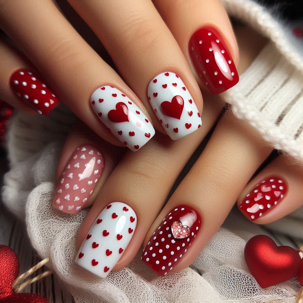 Polka Dot Heart Accent Nails