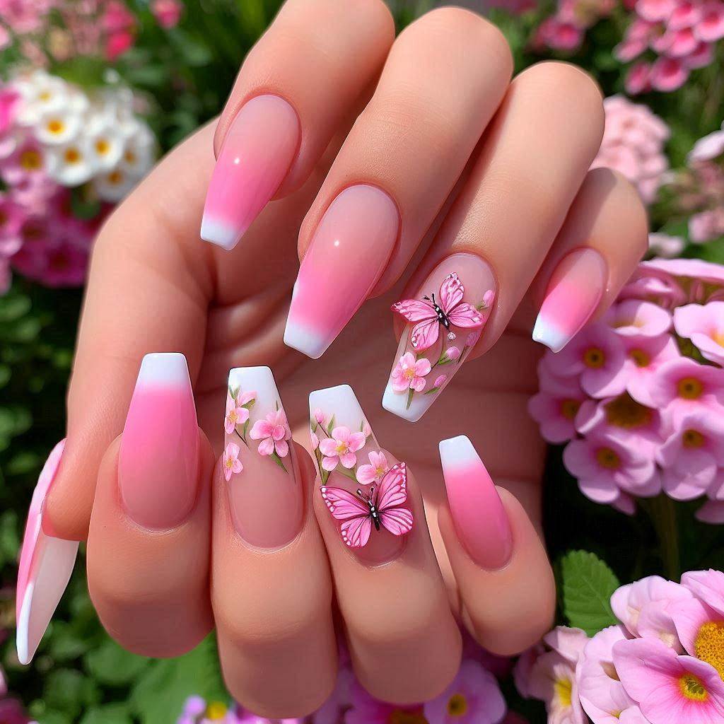 Dreamy and Feminine French Tip Nails Pink Butterfly