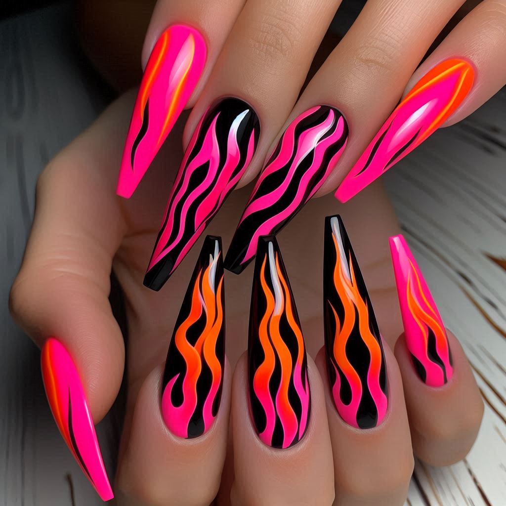 Neon Flames Nails