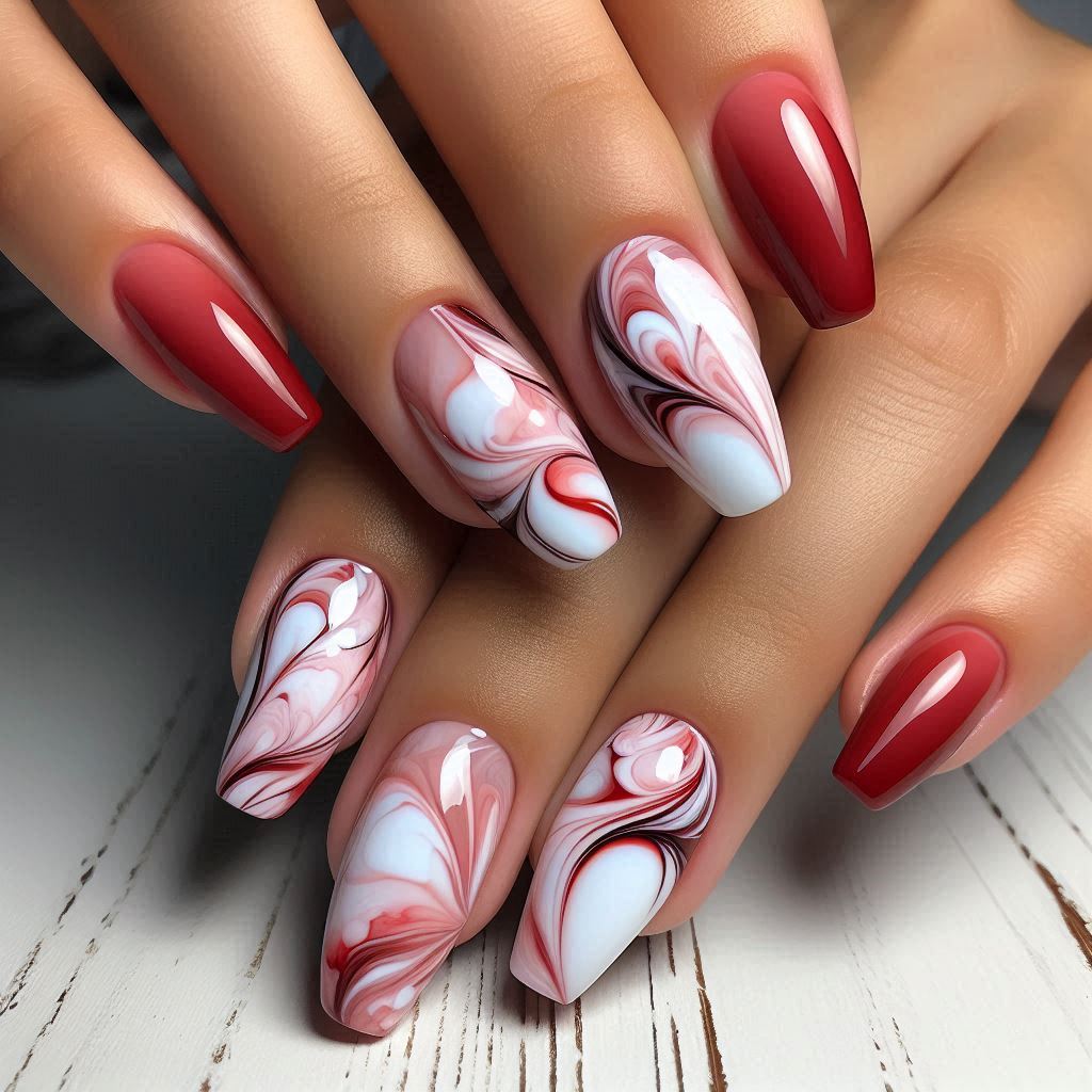 Red and White Marble Nails