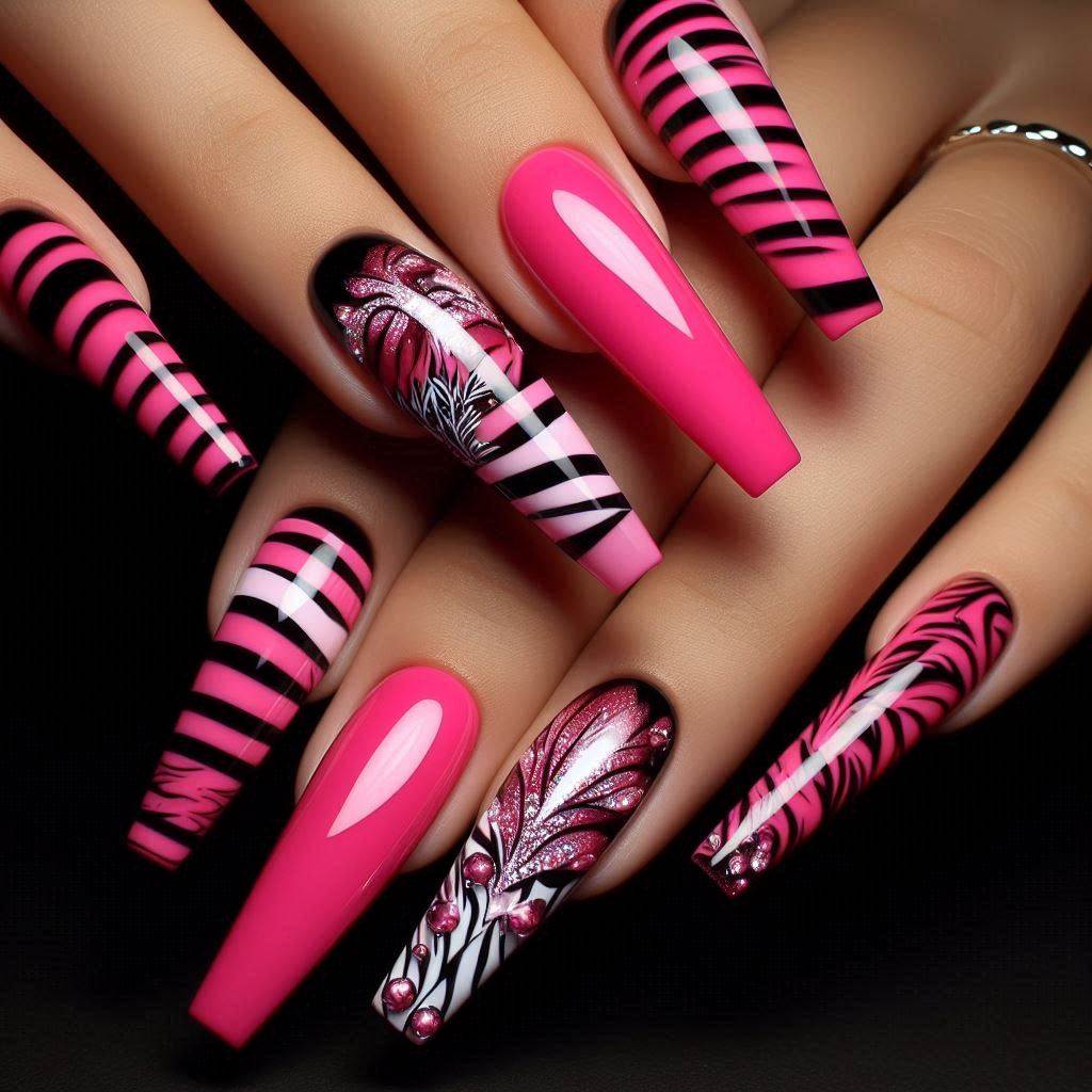 Hot Pink with Black and White Stripes