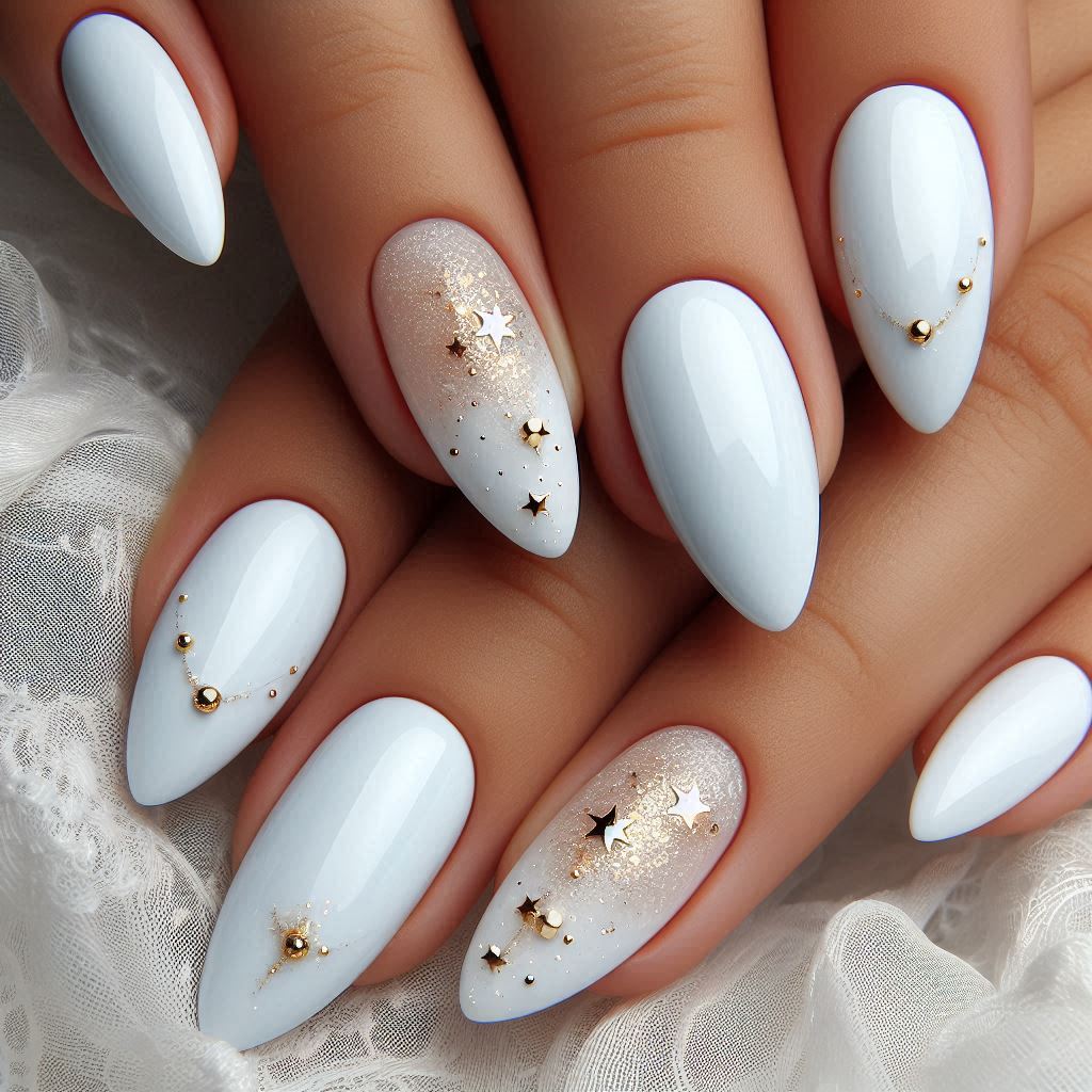 White Almond Nails with Gold Stars 