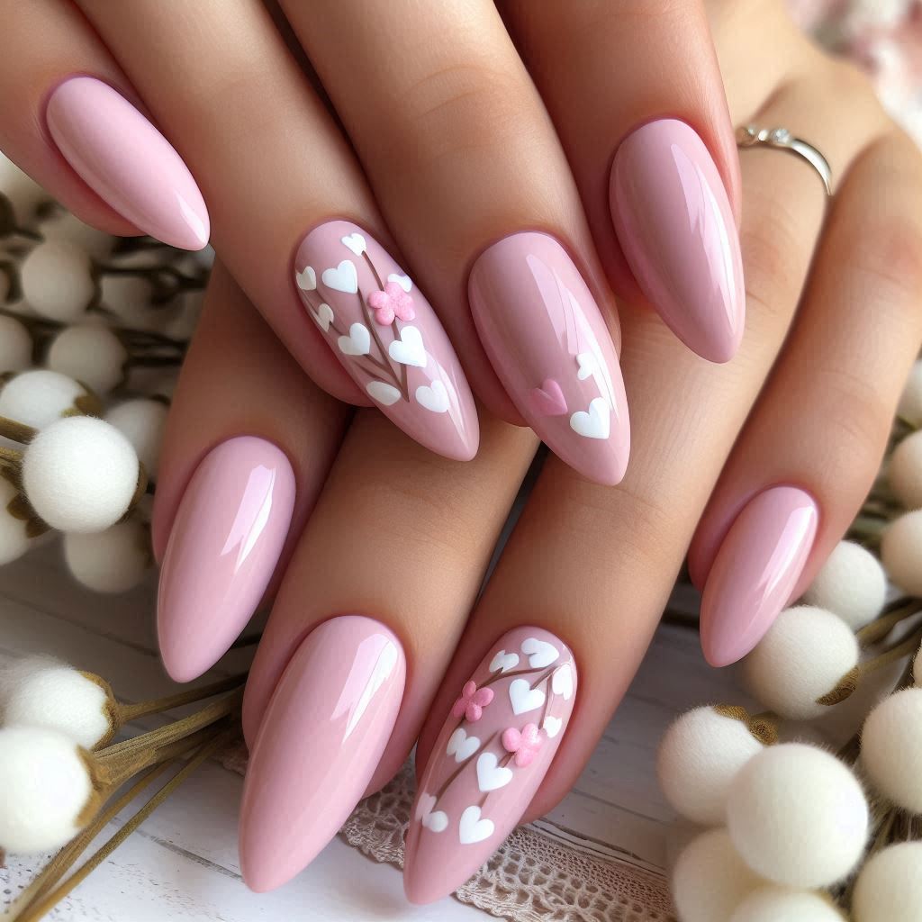 Baby Pink Almond Nails with White Hearts