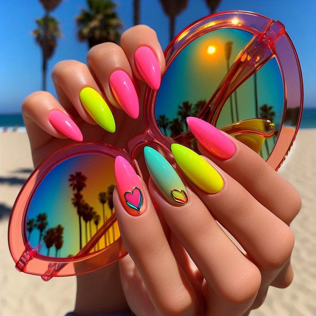 Almond-Shaped Neon Nails for a Bold Summer Energy