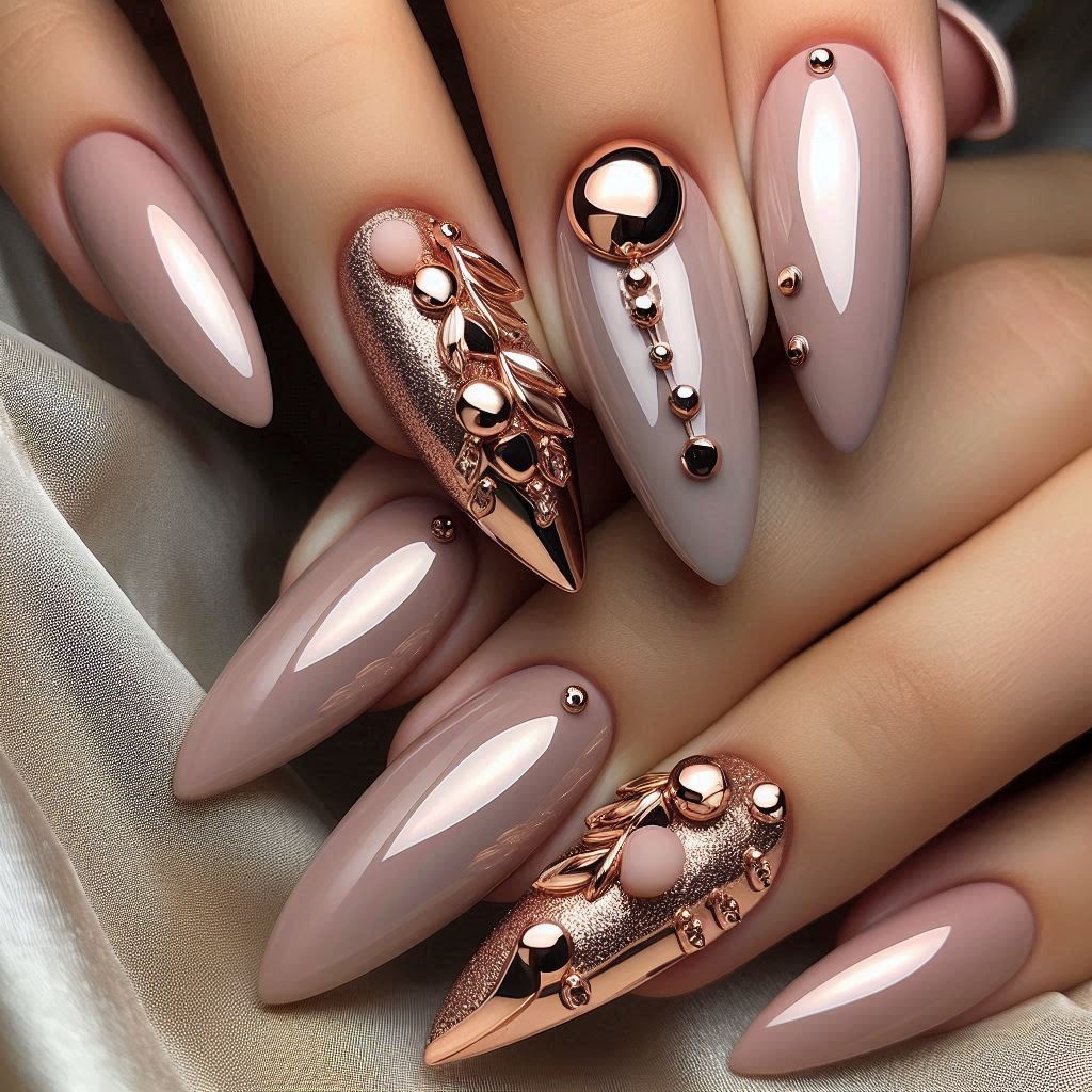 Nude Pink Chrome with 3D Rose Gold Studs