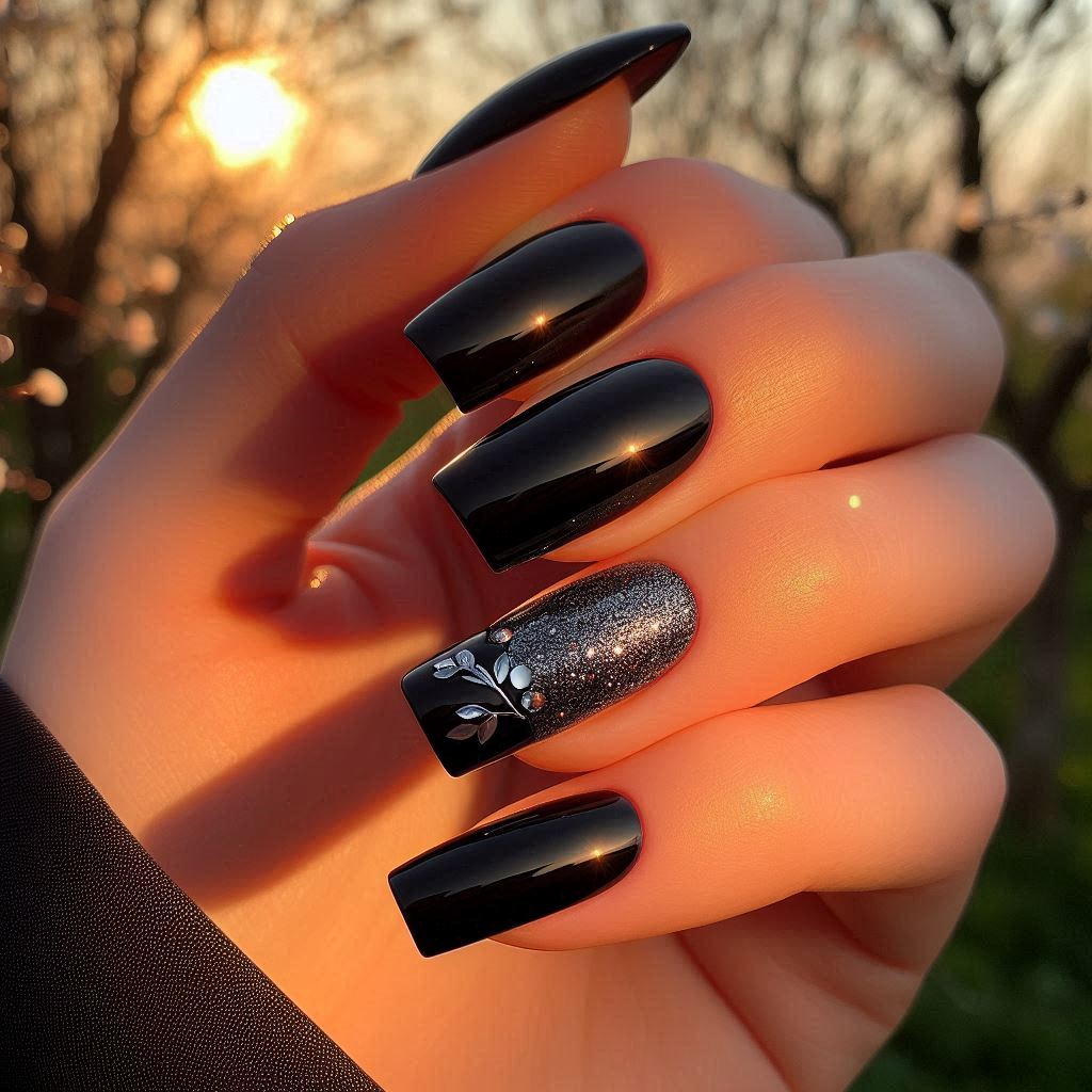 Black Square Nails with Silver Glitter