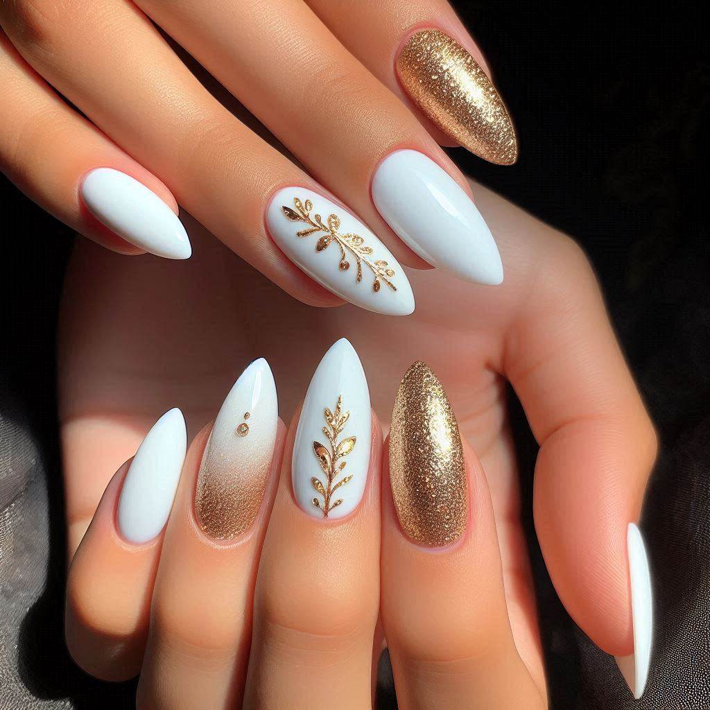 White and Gold Glitter Almond Nails