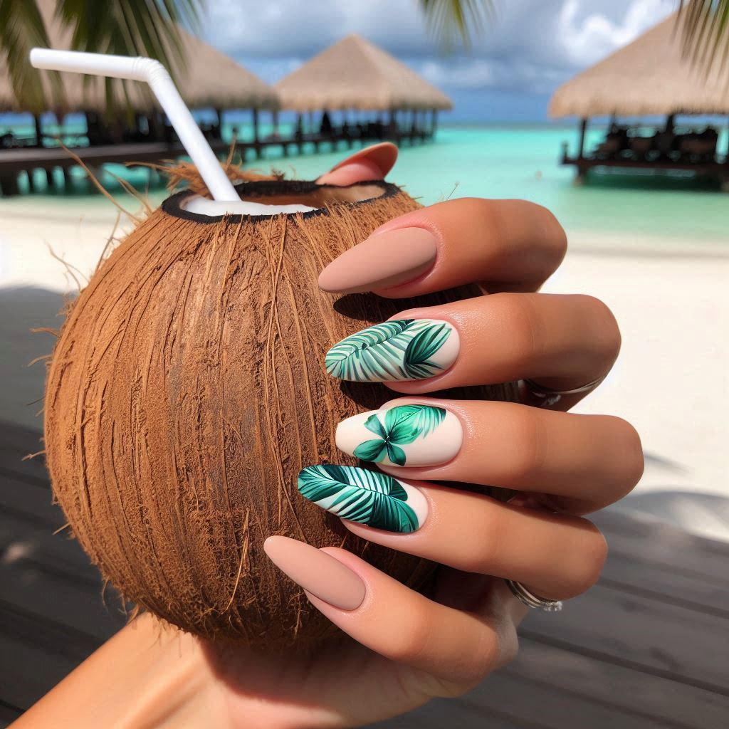 Tropical Leaf-Inspired Almond Nails for a Jungle Vibe