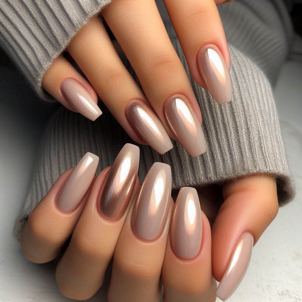 Simple Coffin Nude Nails with a Pearl Finish