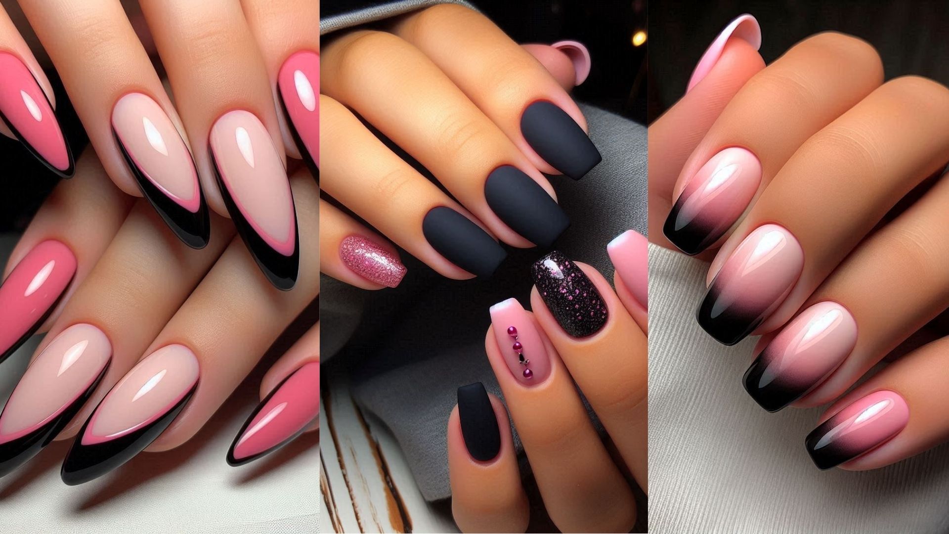 18 Short Acrylic Nails in Black and Pink