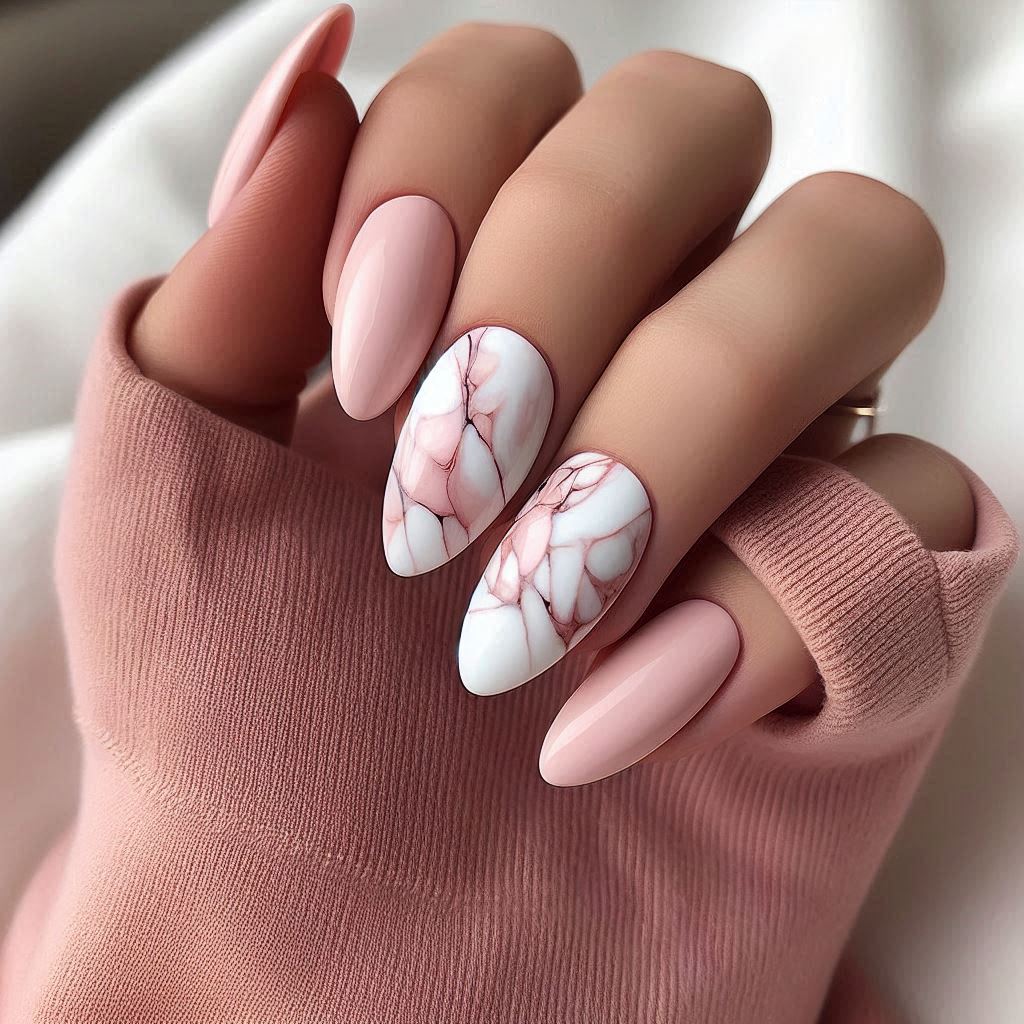 Milky Pink Almond Nails with Marble Art