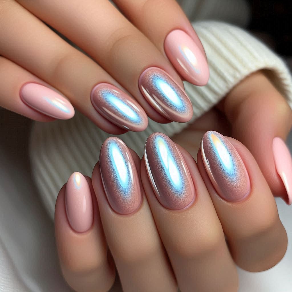 Milky Pink Almond Nails with Silver Chrome Shine