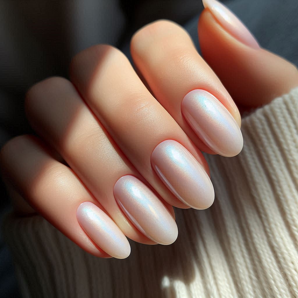 Milky Pink Almond Nails with Pearlescent Glow