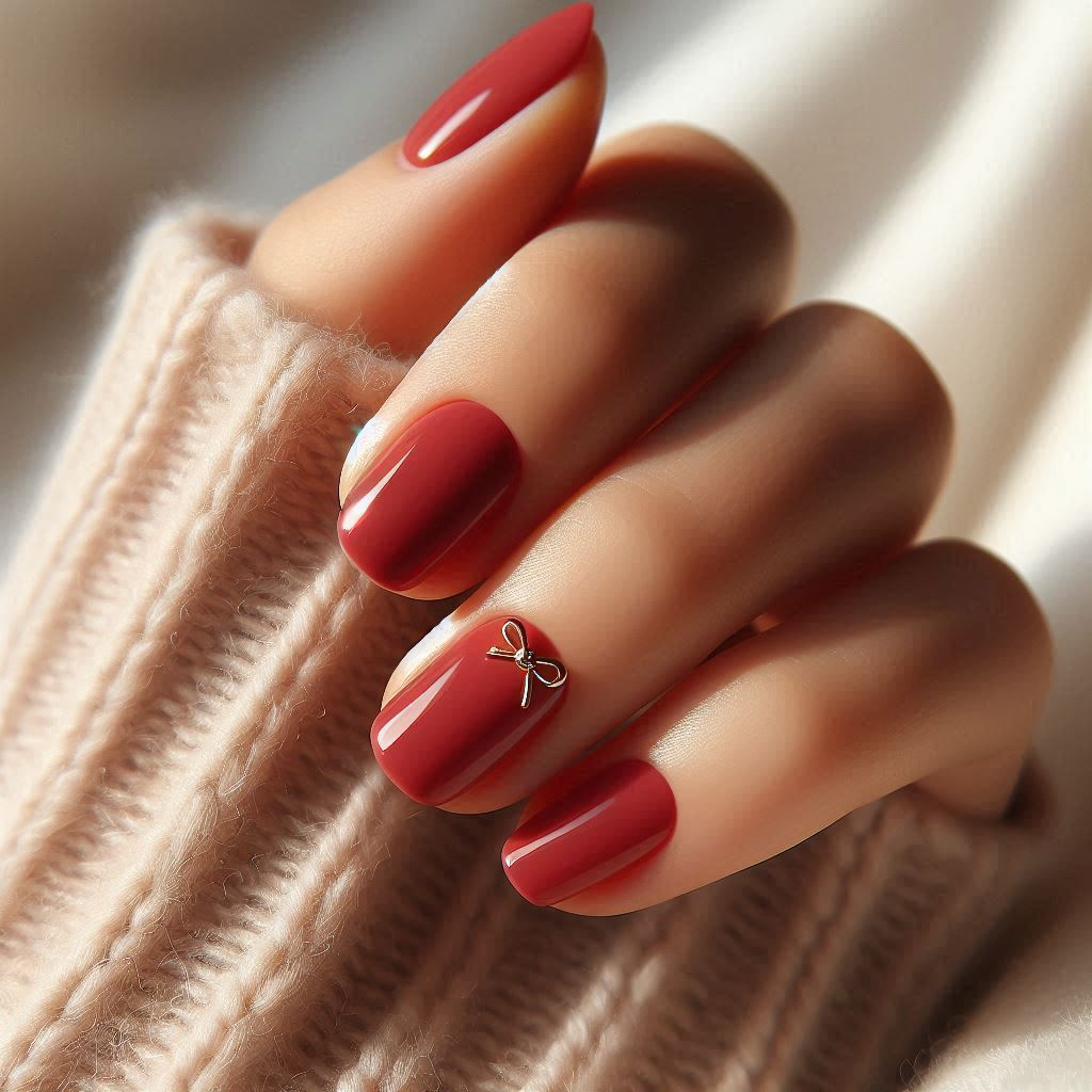 Minimalist Red Nails with Tiny Gold Bow