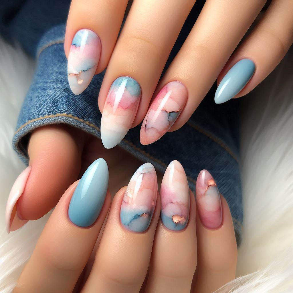 Blue & Pink Watercolor Nails – Artistic & Soft