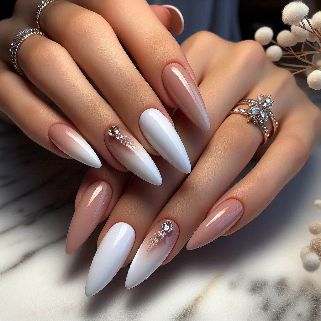 Long Almond Nails White Ombre for a Luxe Look