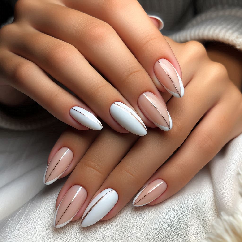  Almond French Tip Nails with 3D Lines