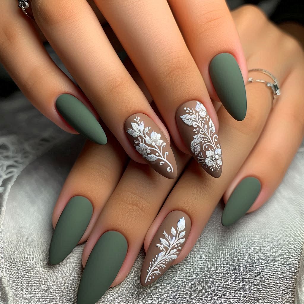 Matte Olive with Delicate White Florals