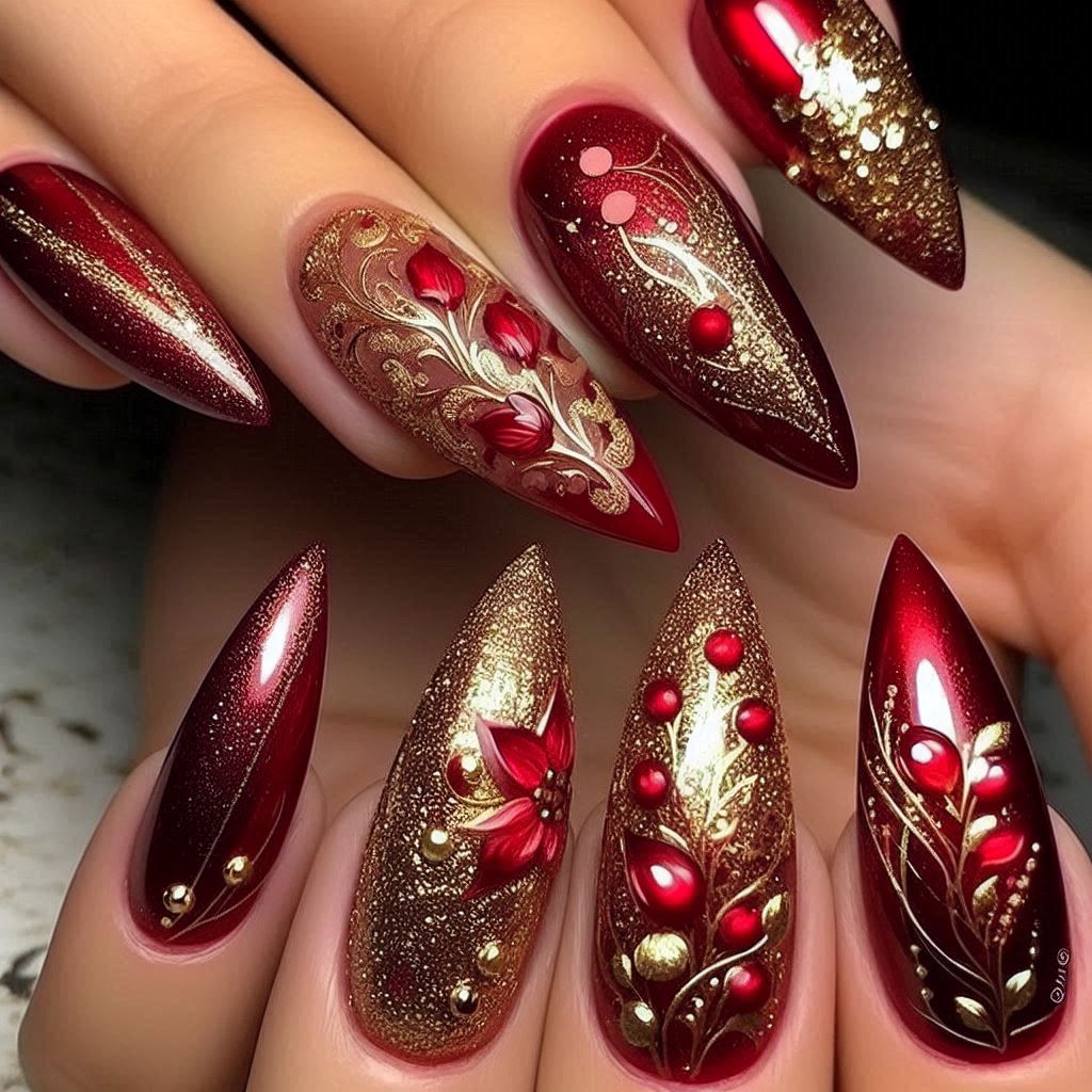 Girly Acrylic Nails Red and Gold