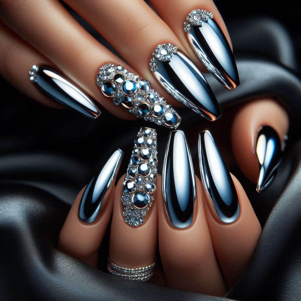 Silver Chrome Nails with Rhinestones