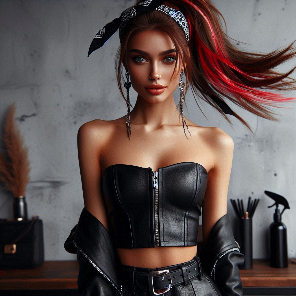 Black Leather Skirt with Ponytail and Bandana