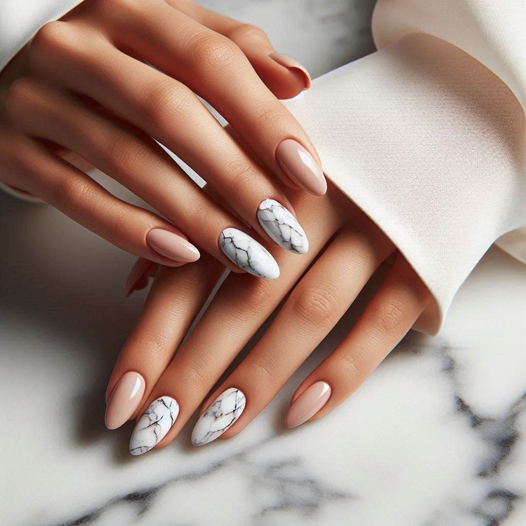 Short Almond French Tip Nails with Marble Design – Chic & Modern