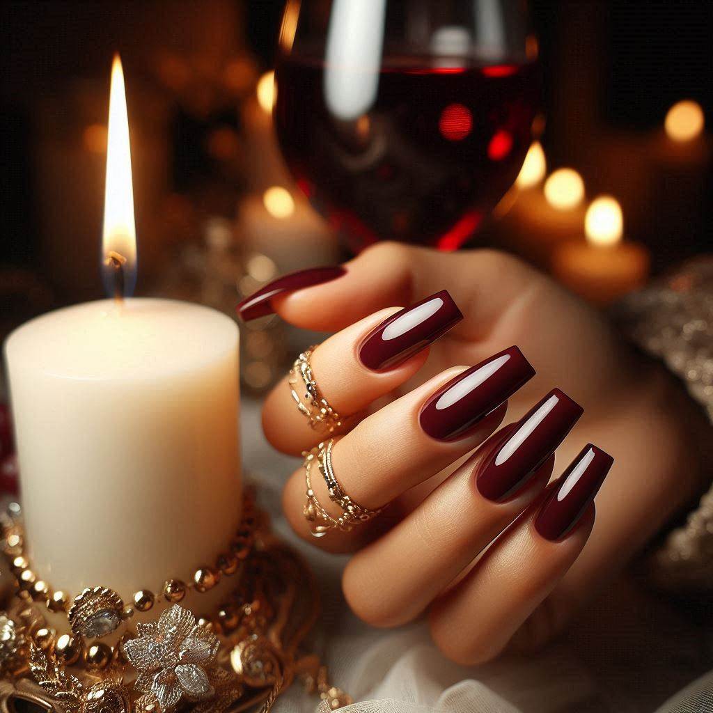 Burgundy Wine Short Coffin Acrylic Nails