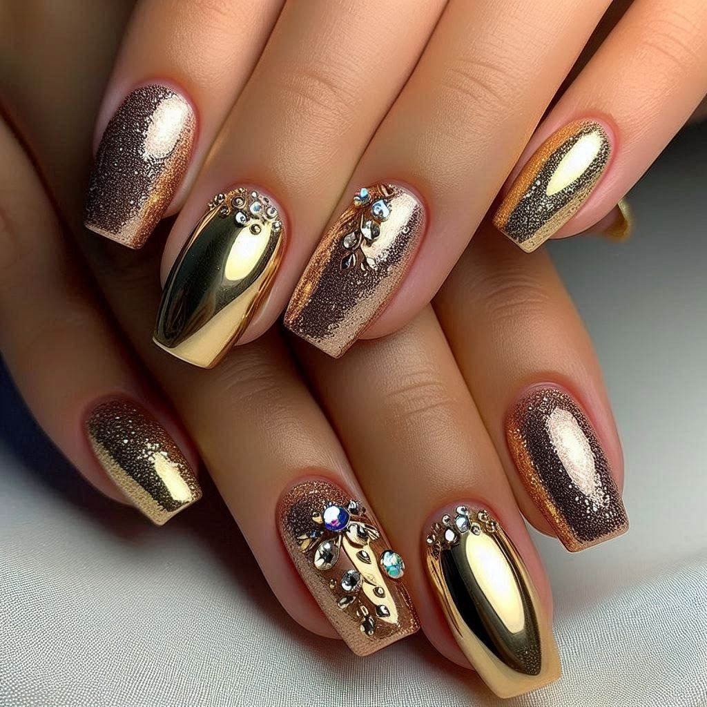 Gold Bling Acrylic Nails Short & Luxurious