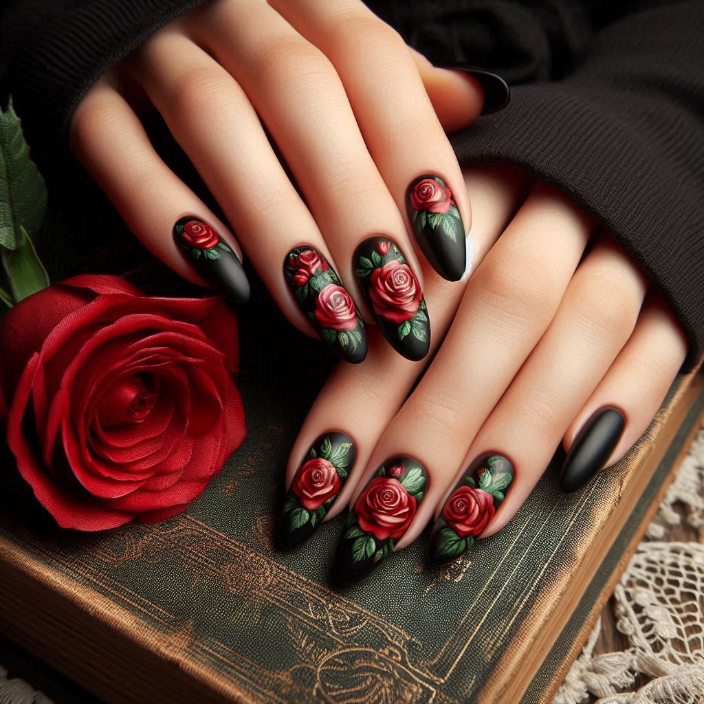 Black Nails with Red Roses