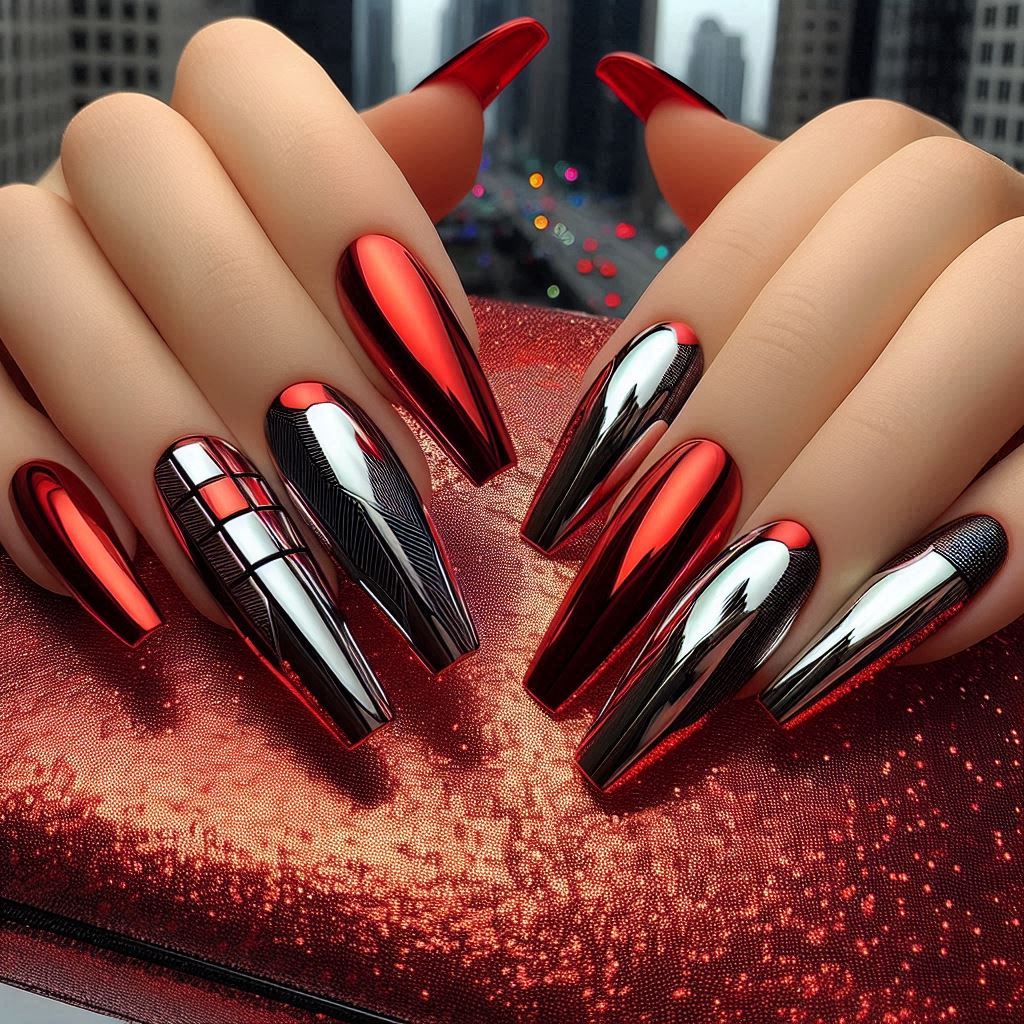  Red Chrome Nails with Black Accents