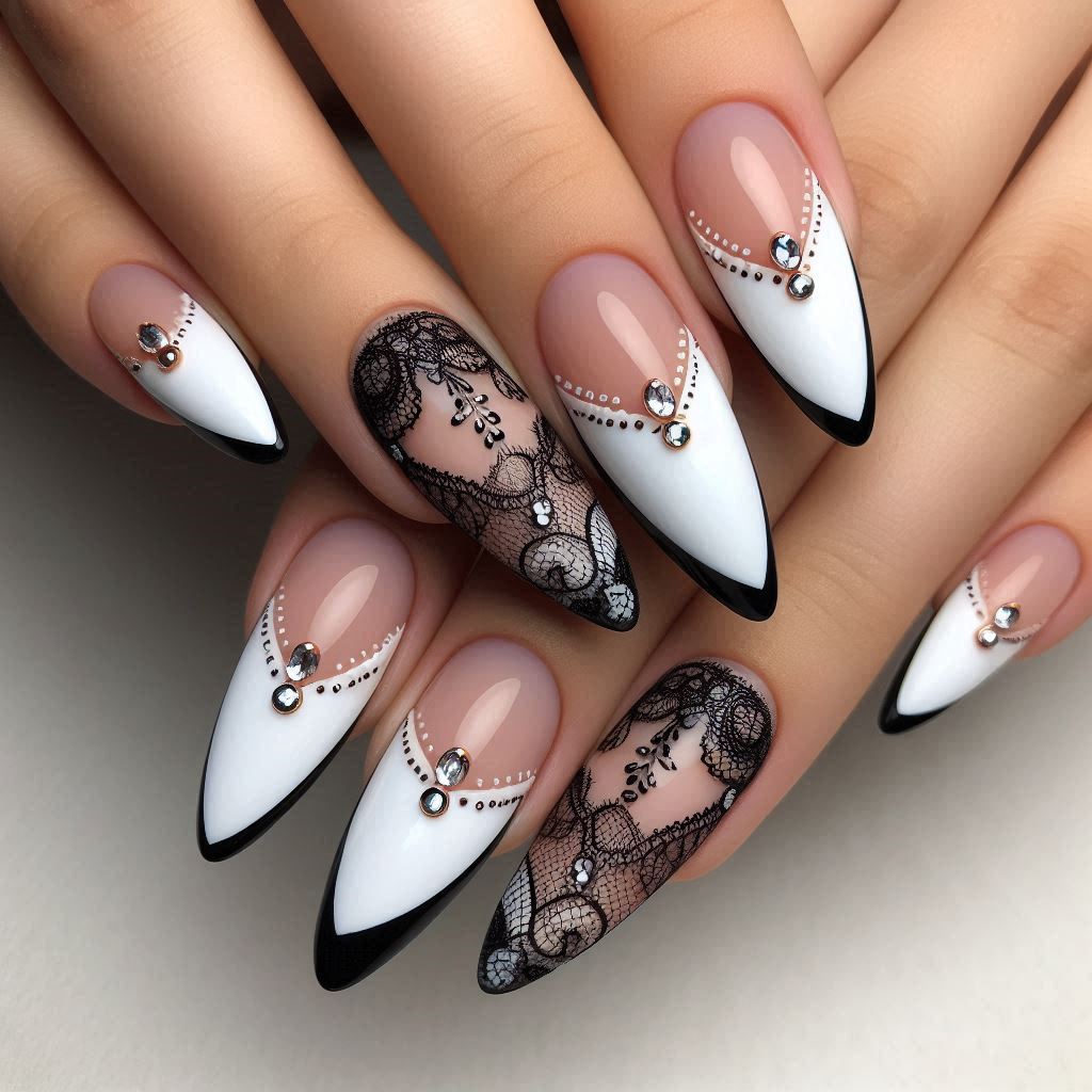 Black and White Almond French Tip Nails 3D 