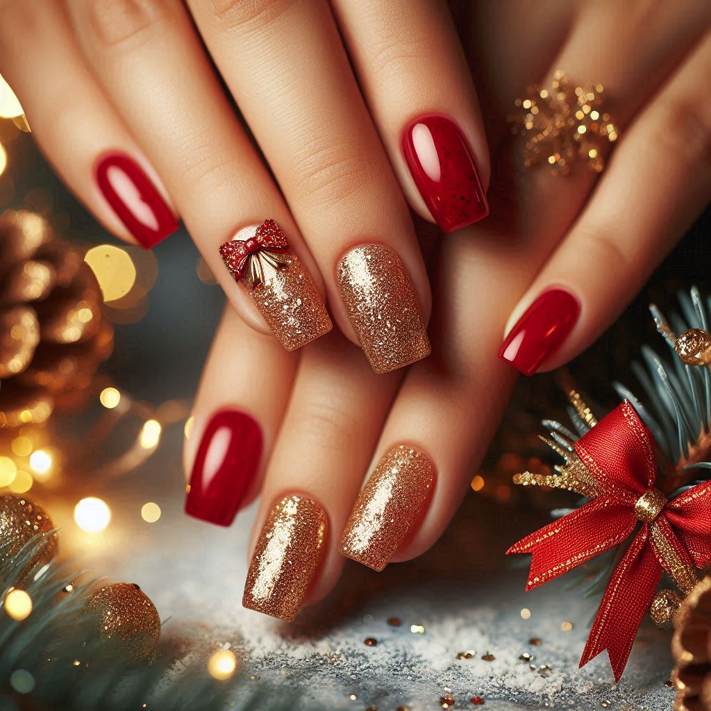 Glitter Red Nails with Gold Bow Design