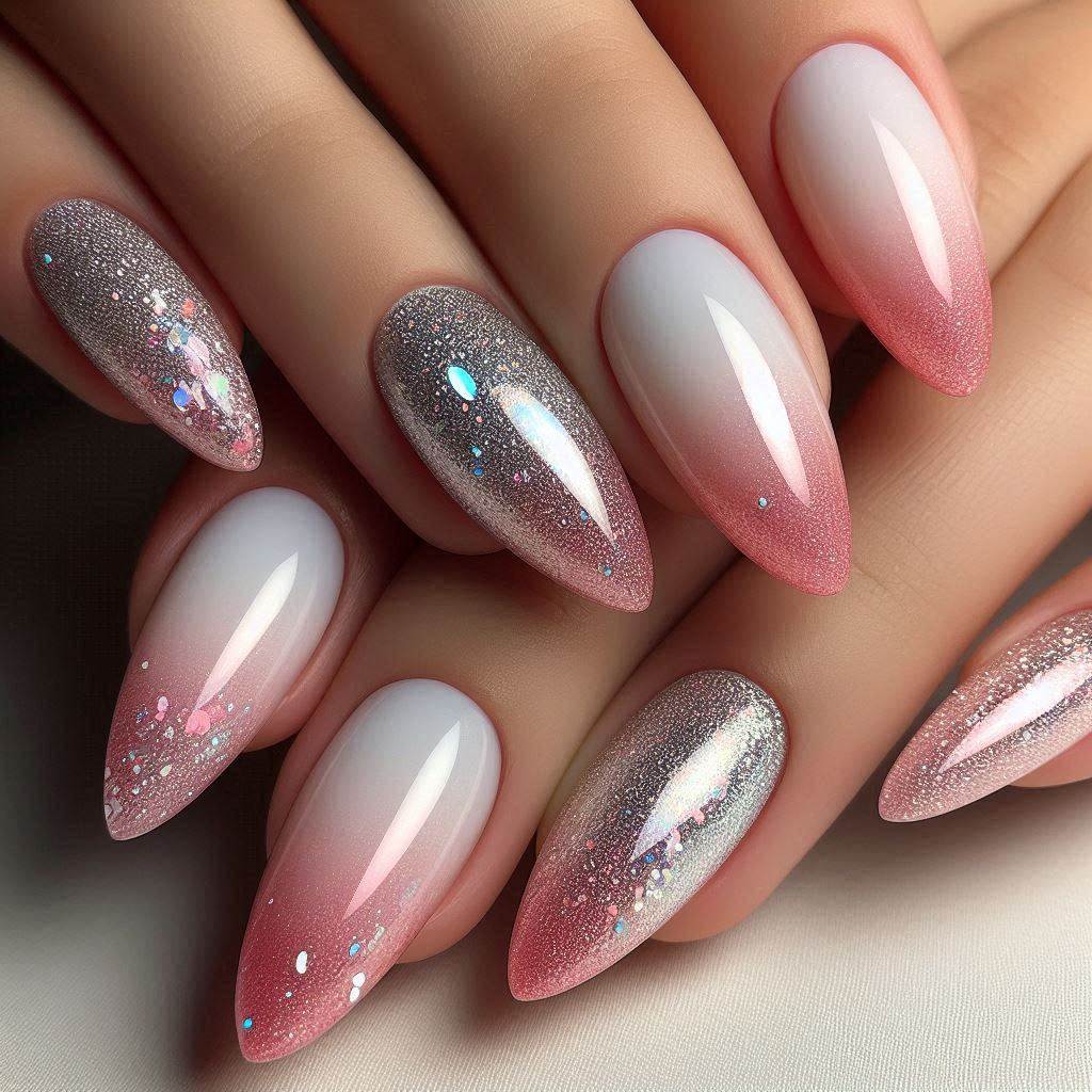 Ombre White Sparkle Nails Almond – A Touch of Glam